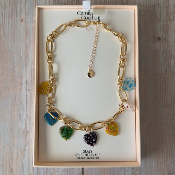 Camila Coelho Jewelry - Camila Coelho Gold Charm Necklace w/ Colorful Glass Heart Charms 17”+3”